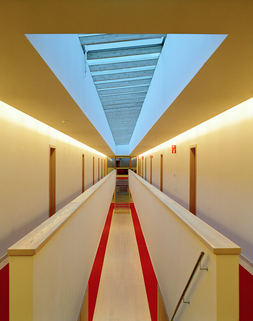 Stairway and corridor with skylight, Vigilius Mountain Resort, Vigiljoch, Lana, Trentino-Alto Adige/Suedtirol, Italy