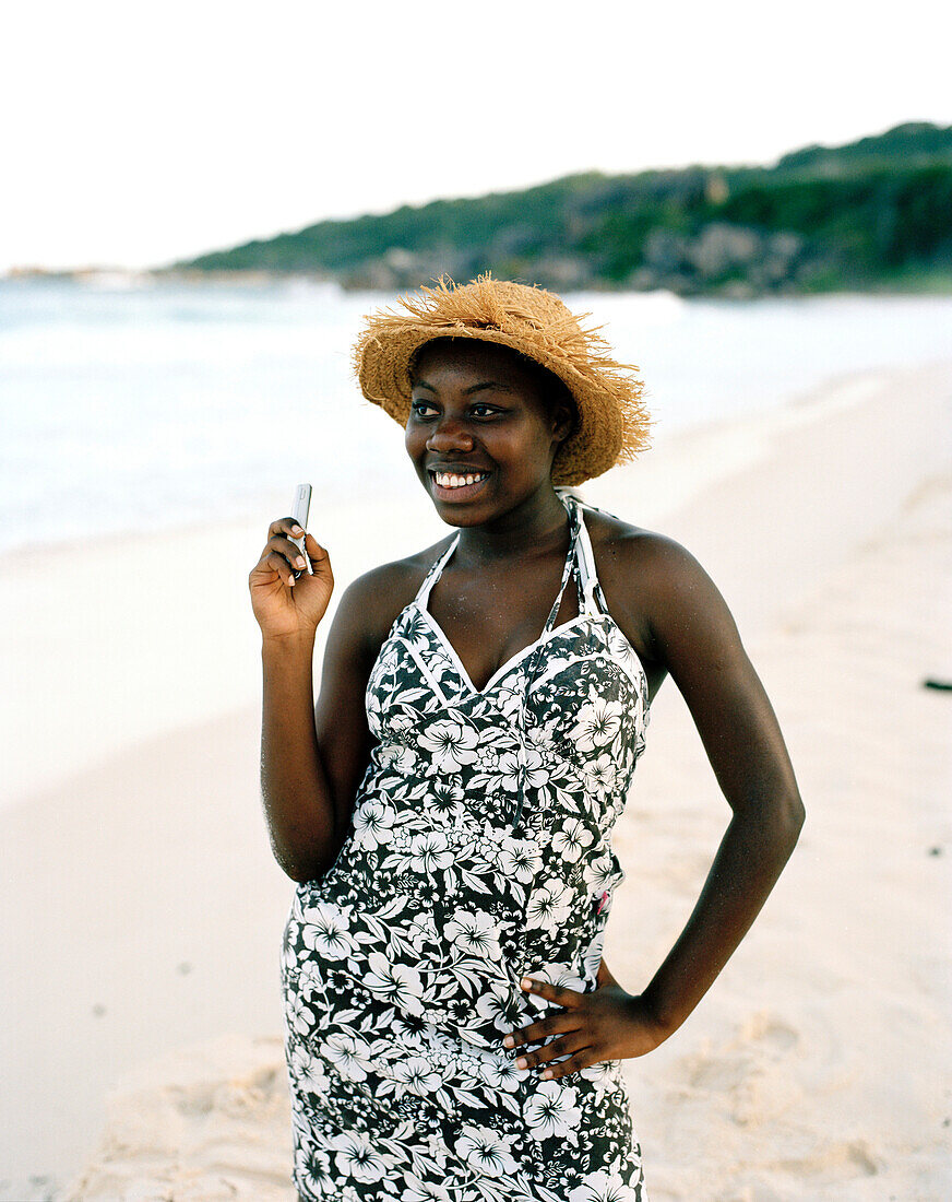 Seychelleoise at Grand Anse Beach, La Digue, La Digue and Inner Islands, Republic of Seychelles, Indian Ocean