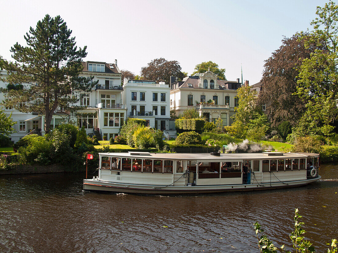 Historic Alster steamer on the Alster river, Hanseatic City of Hamburg, Germany