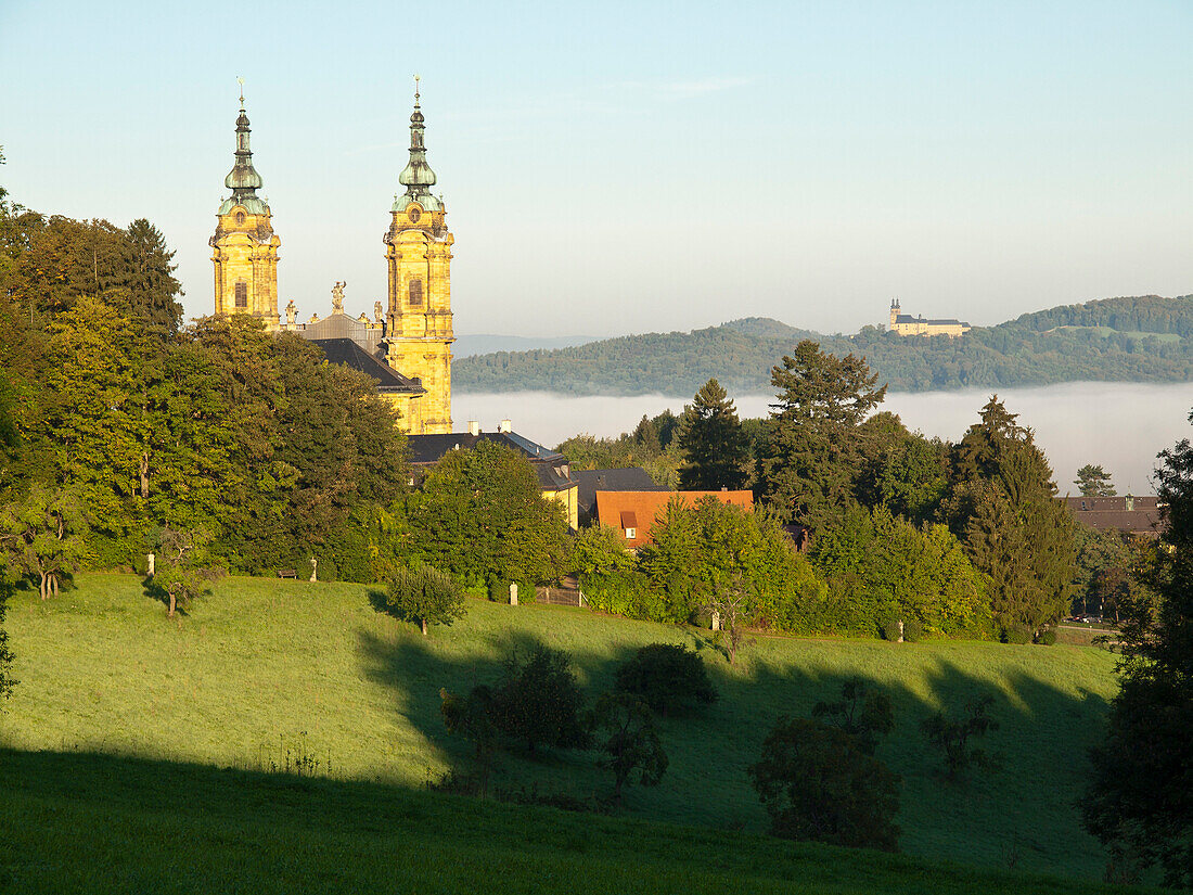 Basilica Vierzehnheiligen with Banz Abbey in the background, Upper Main Valley, Franconia, Bavaria, Germany
