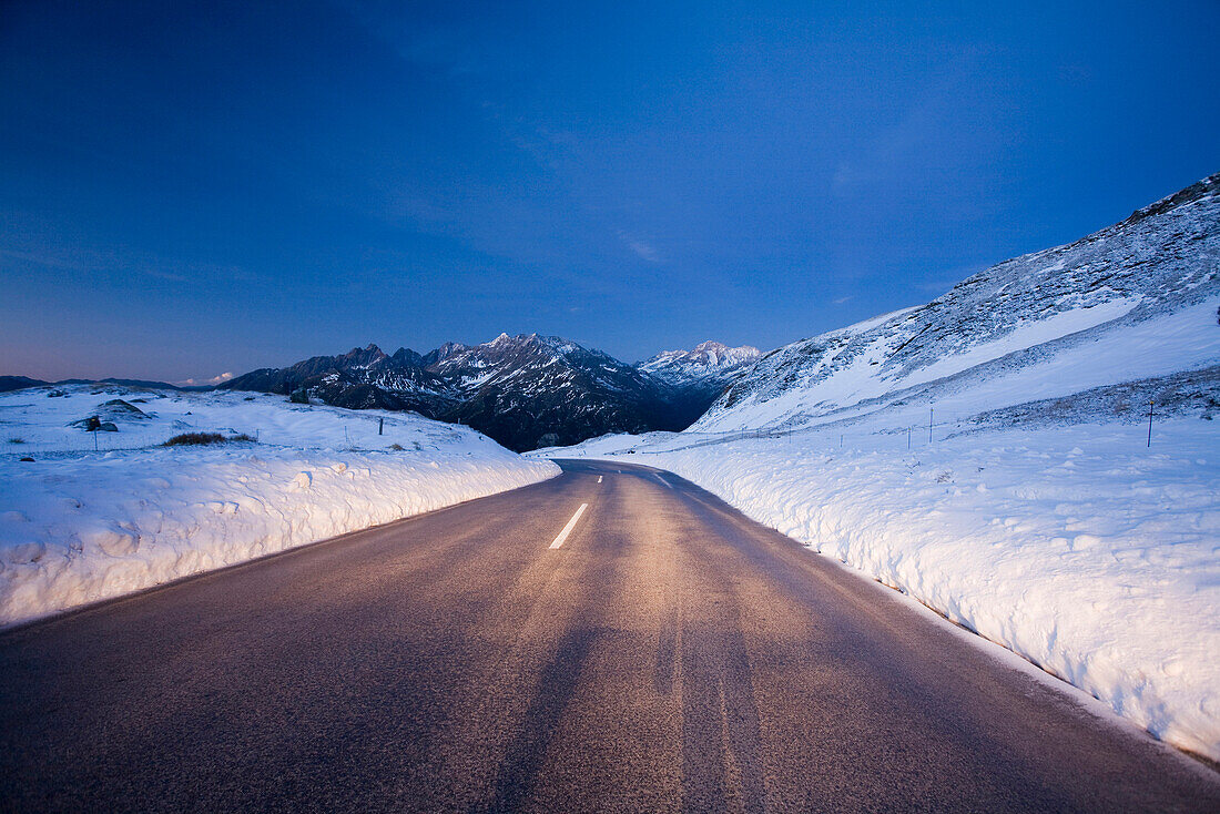 Großglockner high alpine road in winter in the evening, Hohe Tauern National Park, Carinthia, Austria, Europe