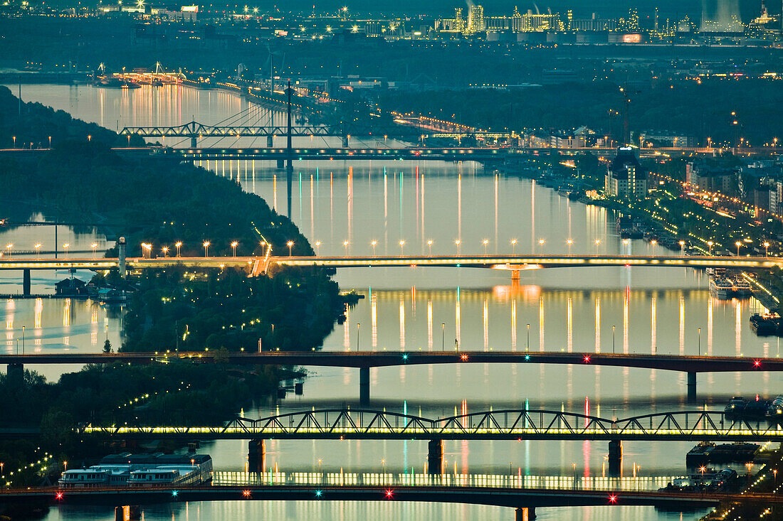Blick auf beleuchtete Brücken über der Donau bei Nacht, Wien, Österreich, Europa