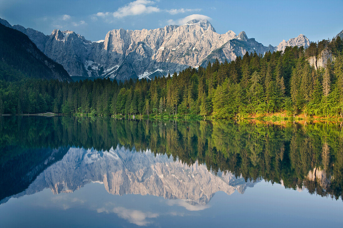 Reflections on lake Laghi di Fusine, Mangart, Julian Alps, Italy, Europe