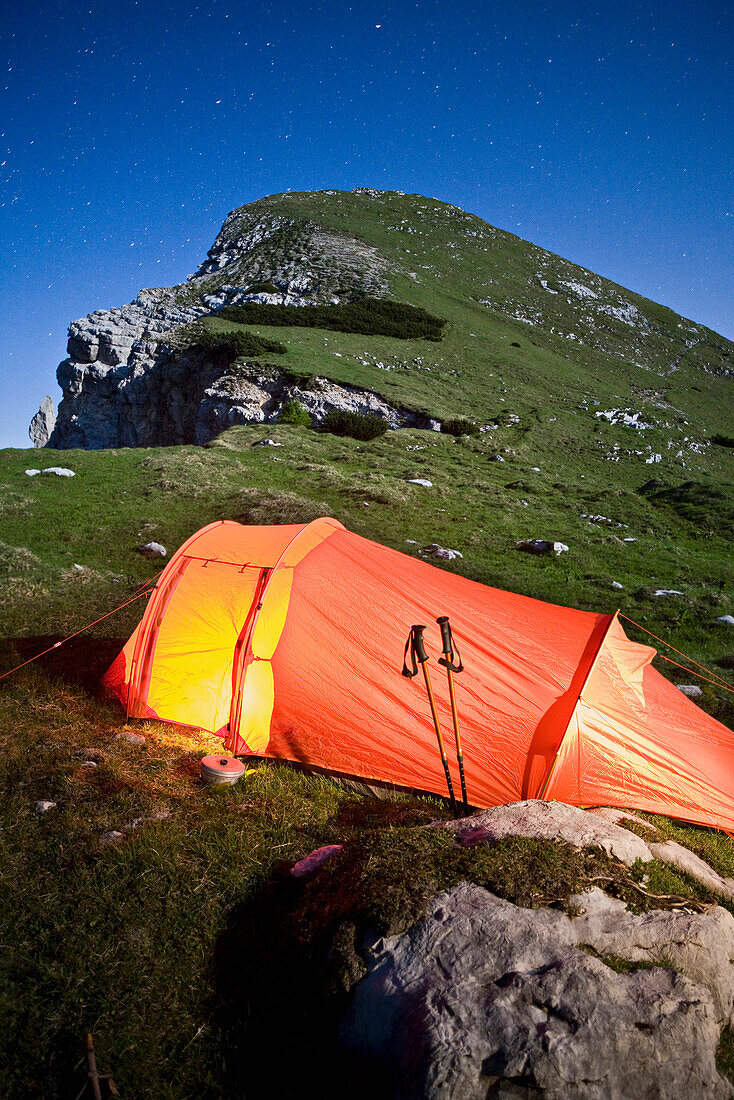 Lumious tent at night, Triglav National Park, Slovenia, Europe