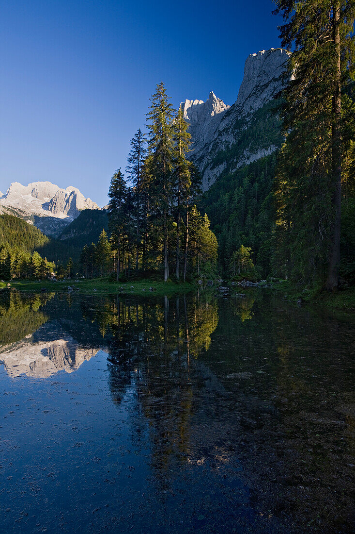 The small lake Gosaulacke under blue sky, Gosau, Dachstein mountains, Salzkammergut, Upper Austria, Austria, Europe