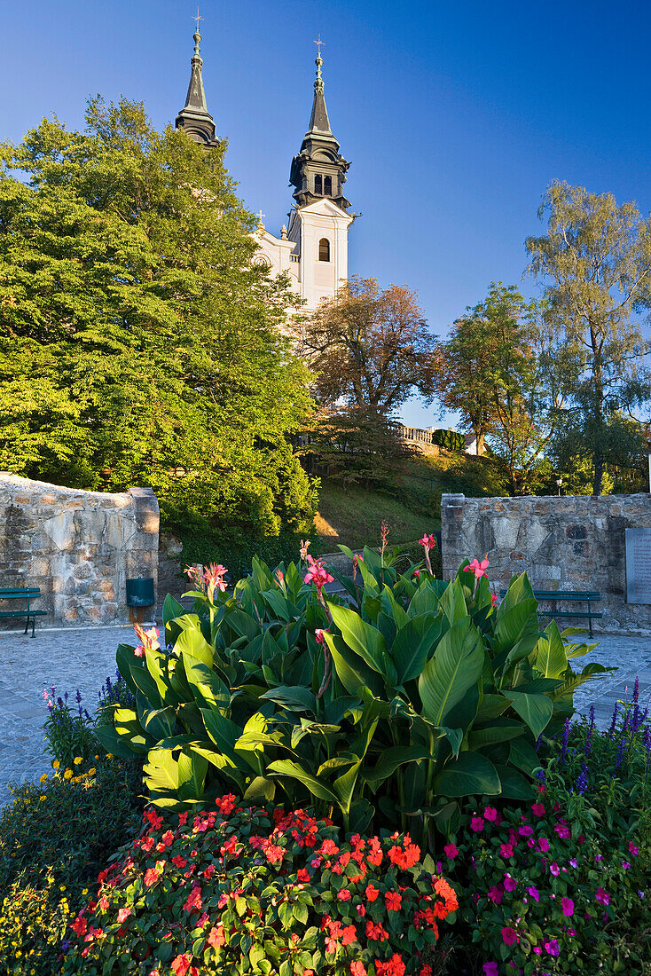 Pilgrimage church under blue sky, Poestlingberg, Linz, Upper Austria, Austria, Europe