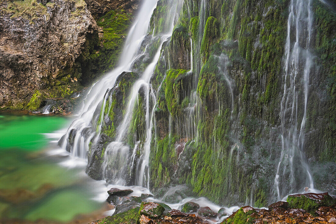 Waterfall on mossy rocks, Golling Fall, Salzburg, Austria, Europe