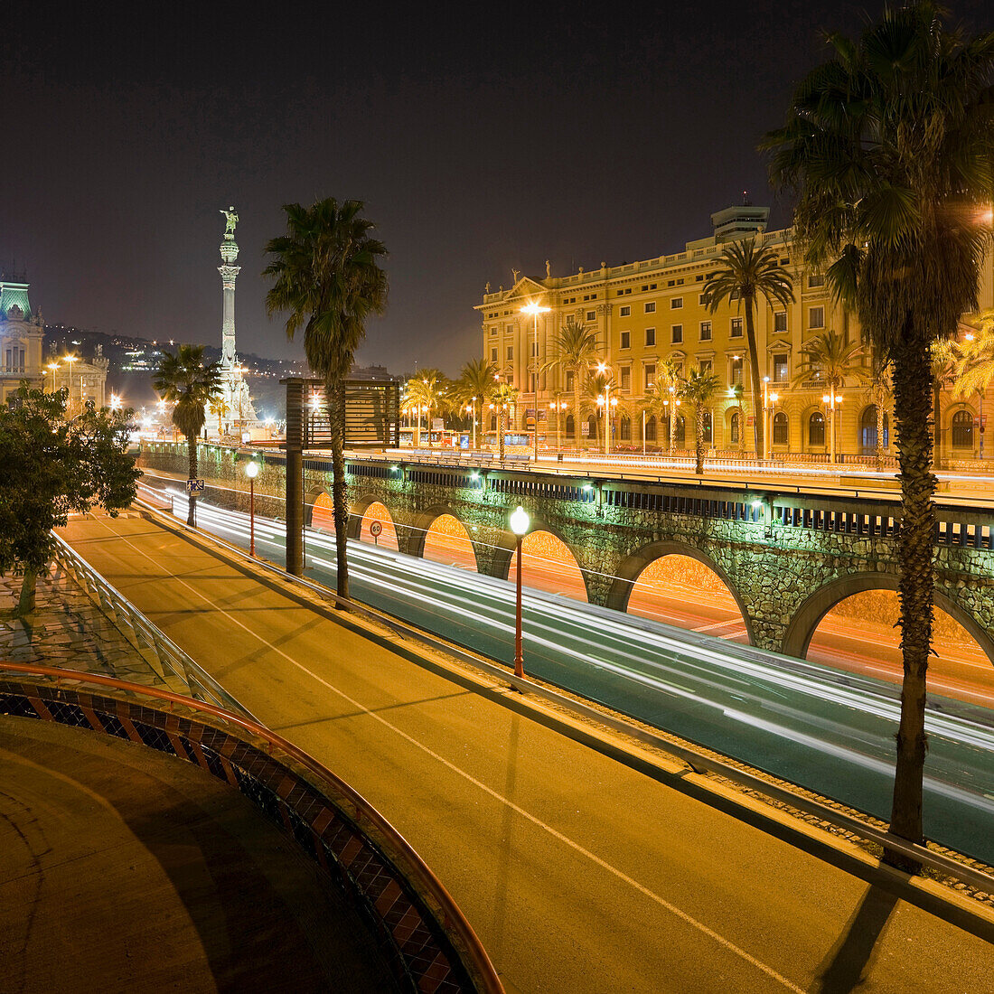 Empty roads at night, Ronda del Litoral, Barcelona, Spain, Europe