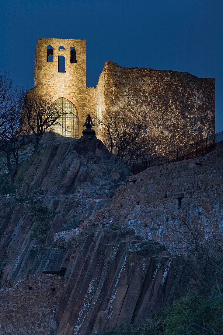 The illuminated ruins of Sigmundskron castle in the evening, Bozen, South Tyrol, Italy, Europe