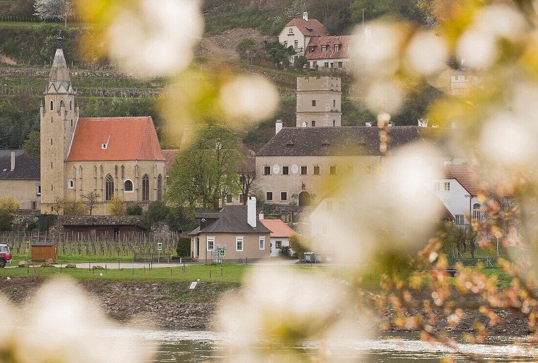 View over river at a church, Schwallenbach, Wachau, Lower Austria, Austria, Europe