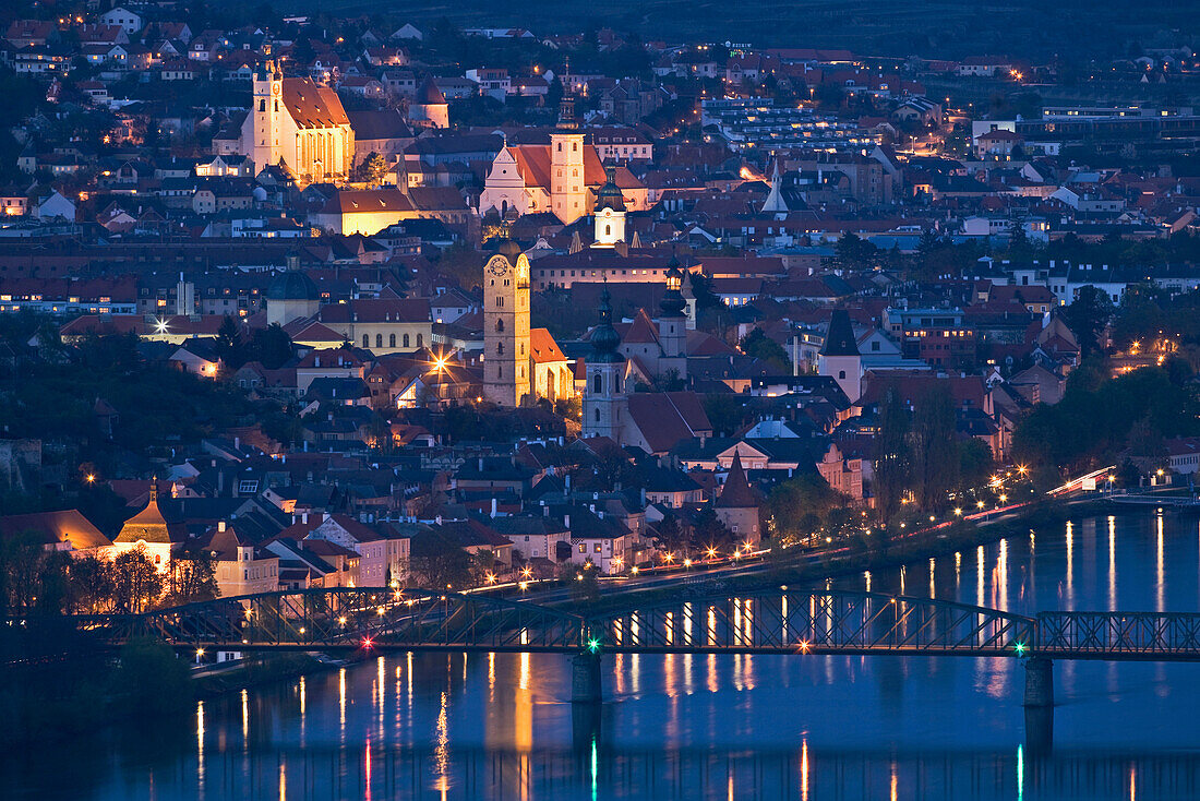 Illuminated churches at night, Krems, Wachau, Lower Austria, Austria, Europe