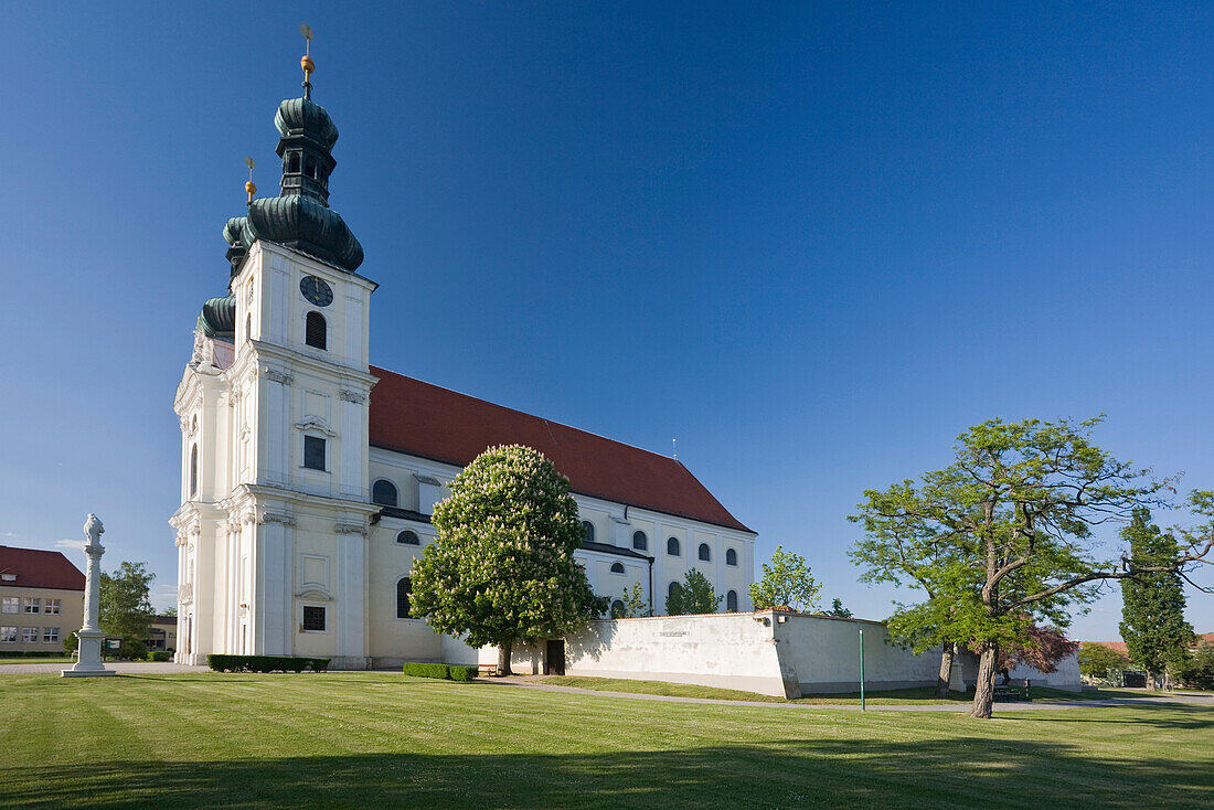 Basilica under blue sky, Frauenkirchen, Lake Neusiedl region, Burgenland, Austria, Europe