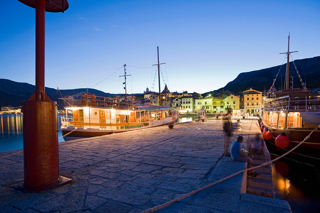 Boats at harbour at dusk, Baska, Kvarner Gulf, Krk Island, Istria, Croatia, Europe