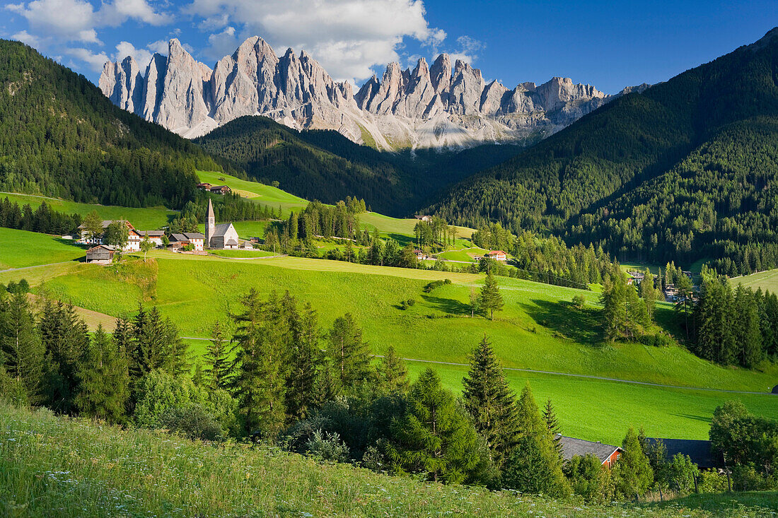View over green Villnoess valley with church Santa Maddalena onto the Geisler Peaks, Alto Adige, Dolomites, South Tyrol, Italy, Europe