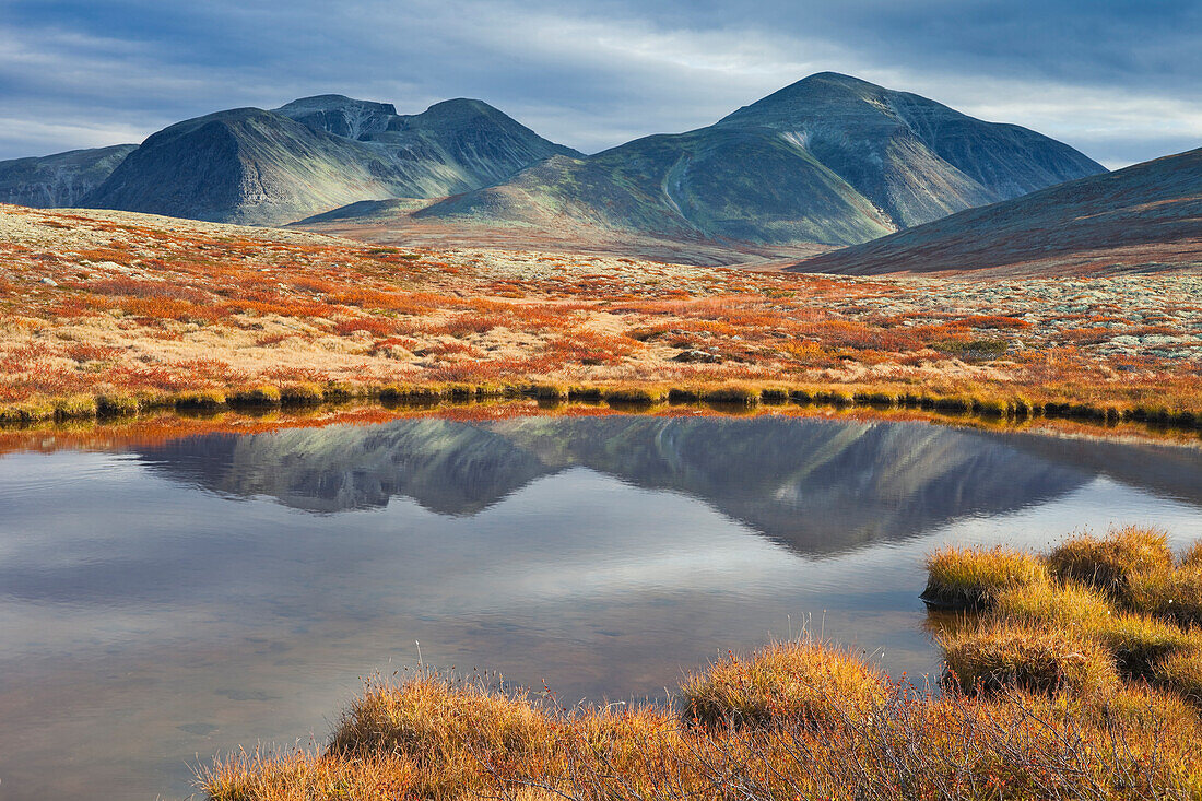 Der Berg Rondslottet spiegelt sich in einem See, Rondane Nationalpark, Norwegen, Europa