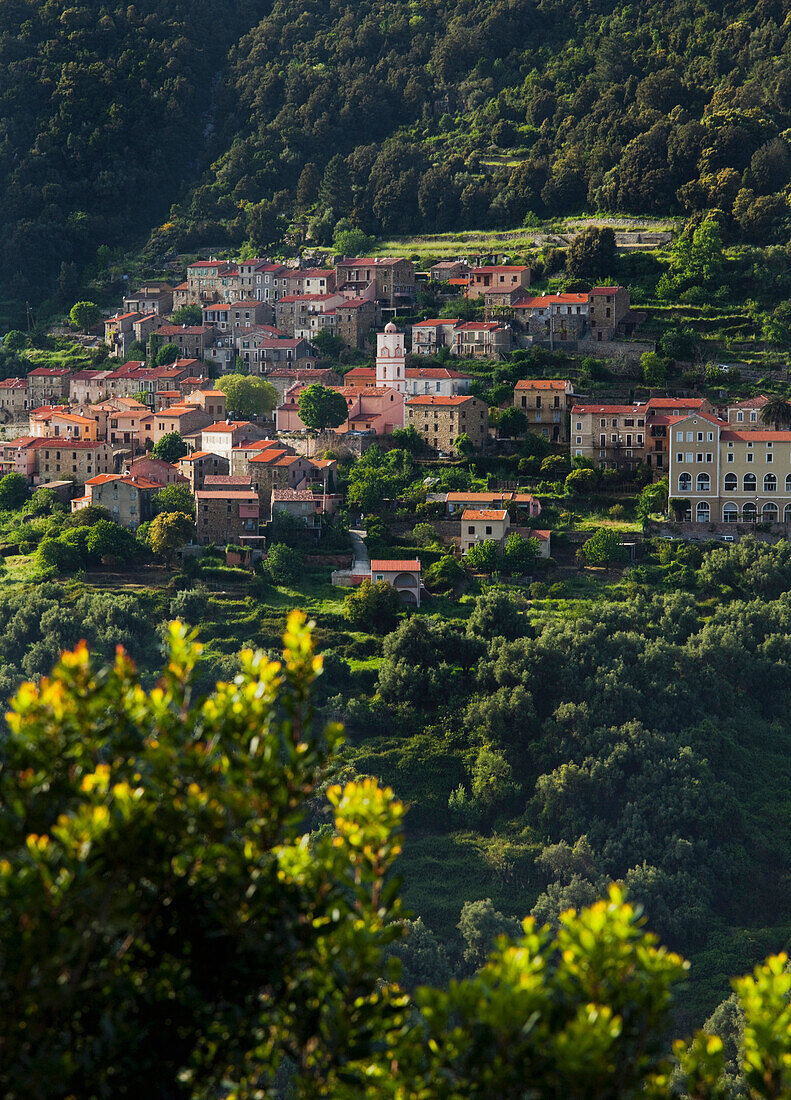 View of Ota, mountain village, Porto, Corsika, France