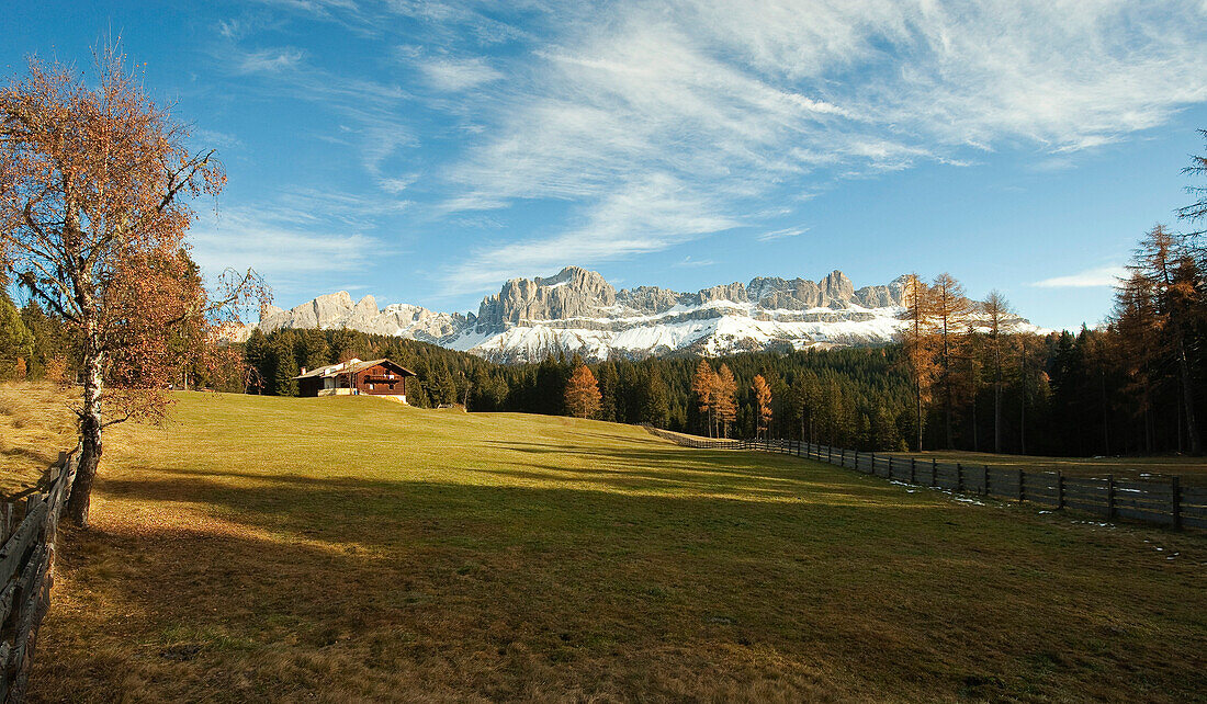 Herbstliche Berglandschaft, Rosengartengruppe im Hintergrund, Dolomiten, Alto Adige, Südtirol, Italien