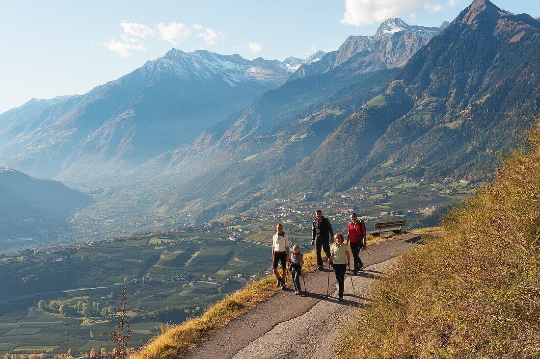 Hikers in the mountains in autumn, Schenna, Meran, South Tyrol, Alto Adige, Italy, Europe
