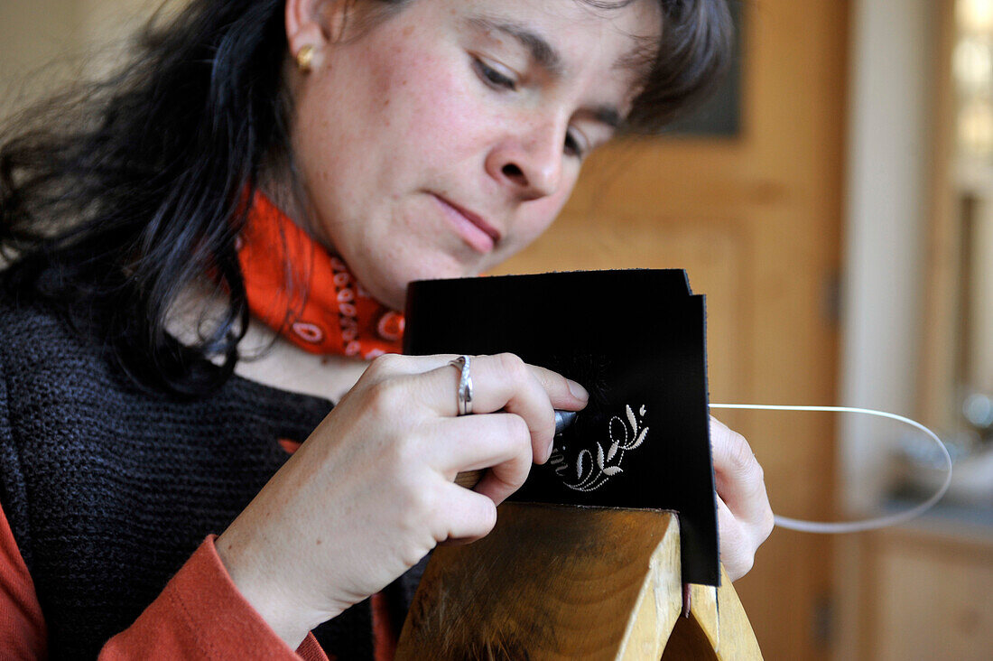 A woman embroidering, Durnholz, Val Sarentino, South Tyrol, Alto Adige, Italy, Europe