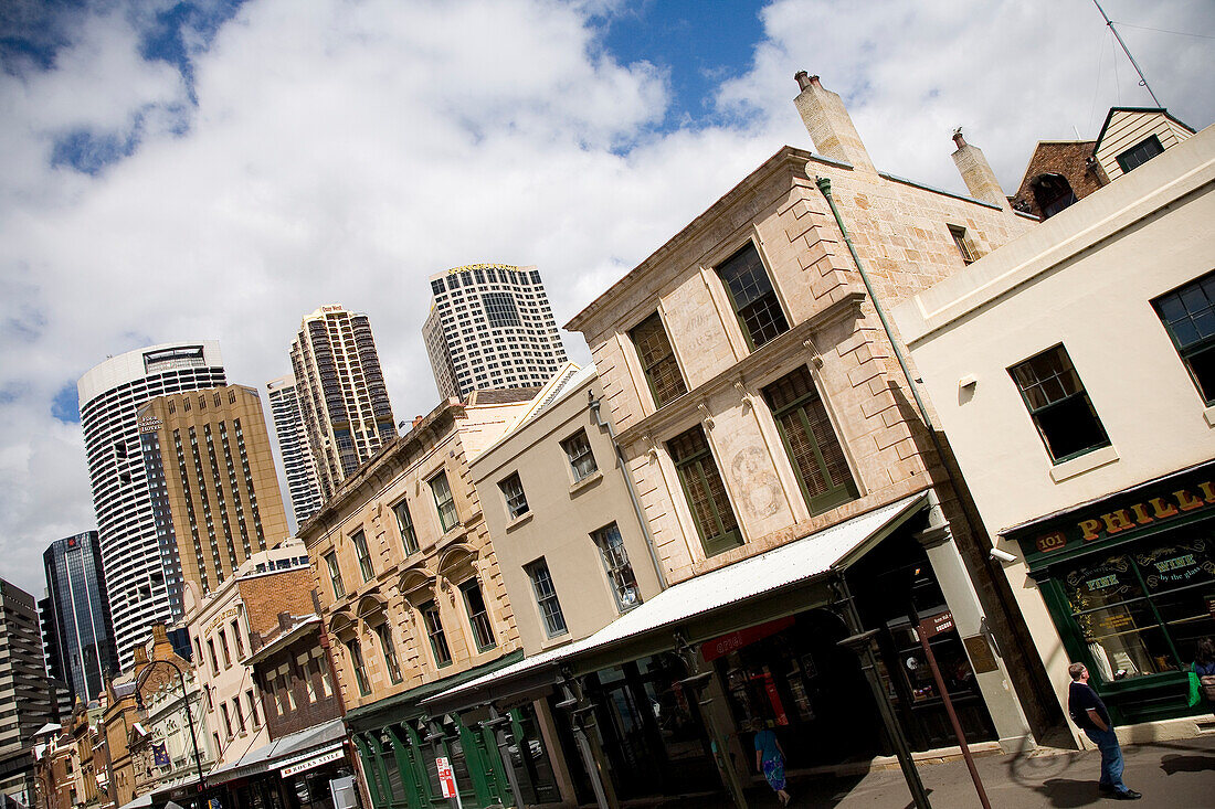 Old buildings with Sydney skyline in background, Sydney, New South Wales, Australia