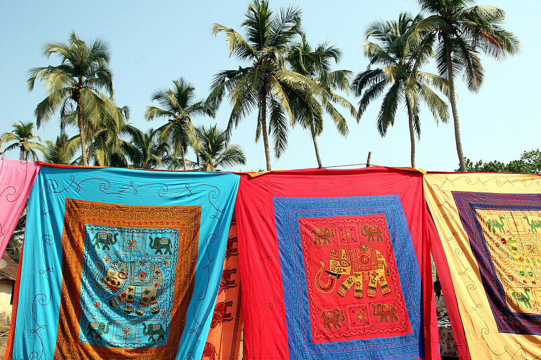 Fabric for sale at Anjuna Flea Market, Anjuna Beach, Goa State, India, Asia