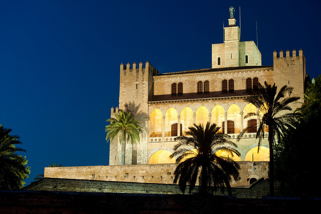 Palau de l'Almudaina at dusk, Palma, Majorca, Spain