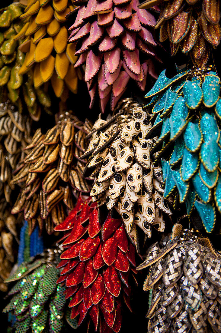 Colourful key rings of babouche slippers for sale in the souk, Fez, Morocco