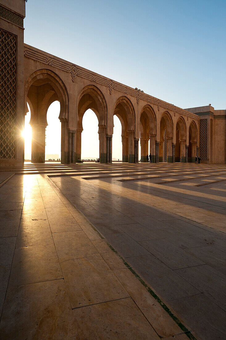 Courtyard in front of the Hassan II mosque at dusk, Casablanca, Morocco