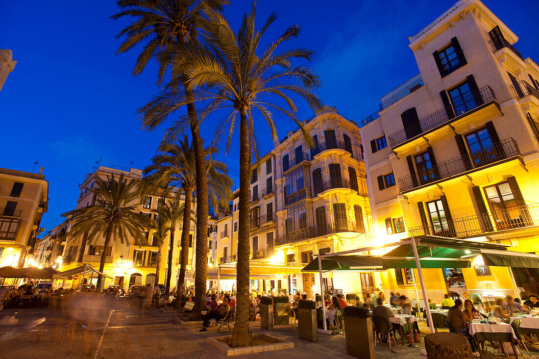 People In Cafes And Restaurants At Dusk, Palma, Majorca, Spain