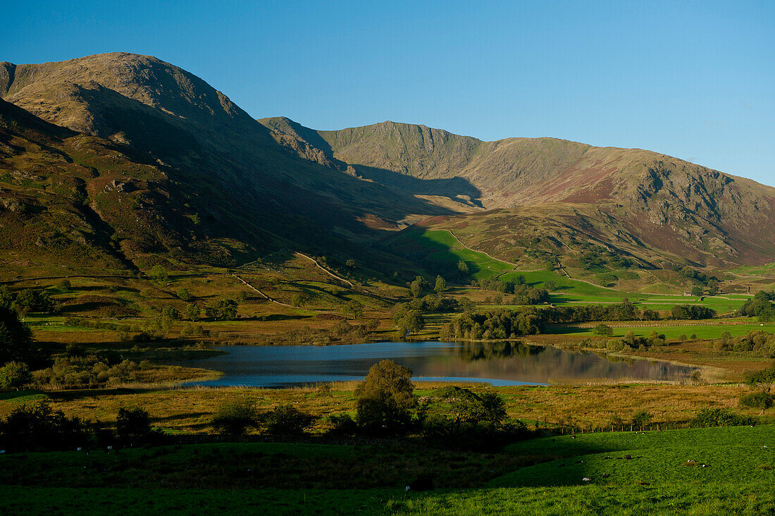 Looking over Little Langdale Tarn to Tilberthwaite Fells, Lake District National Park, Cumbria, England