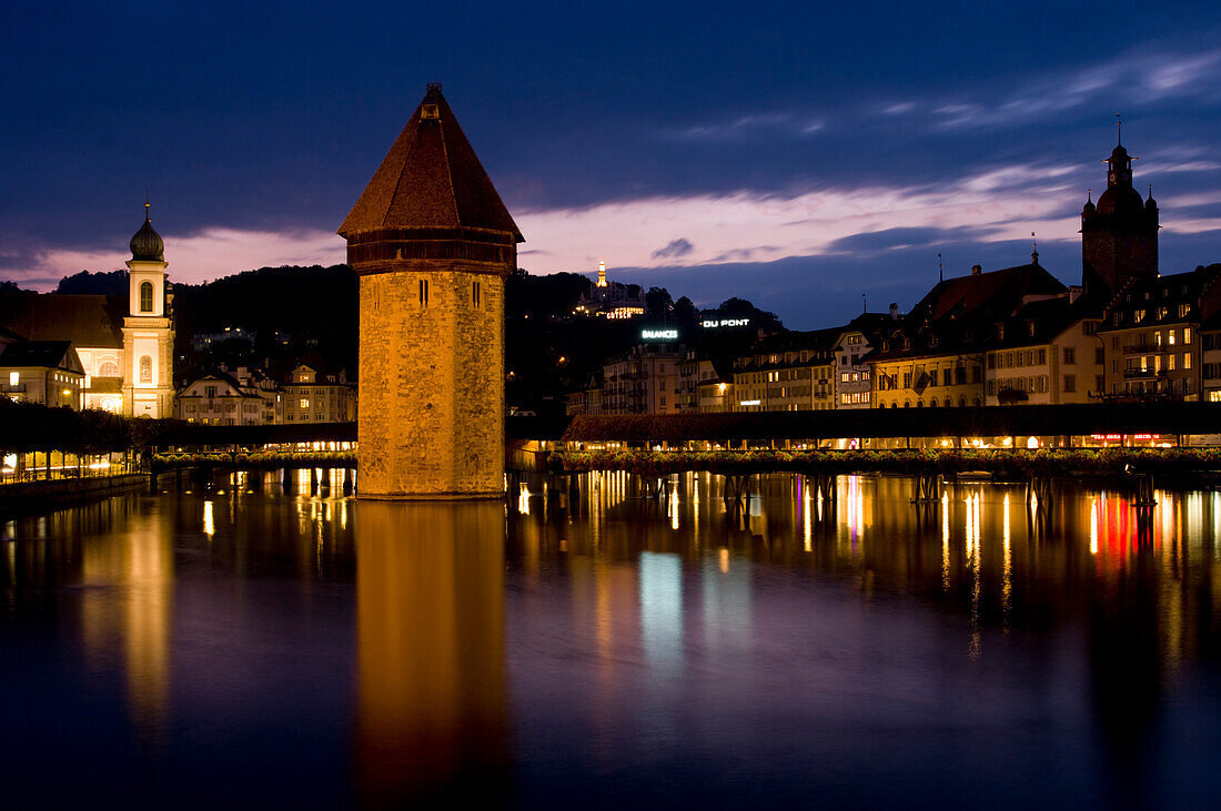 Chapel Bridge at dusk, Lucerne, Switzerland