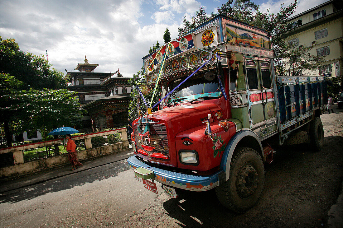 Buddhist temple and truck, Phuntsholing, Bhutan