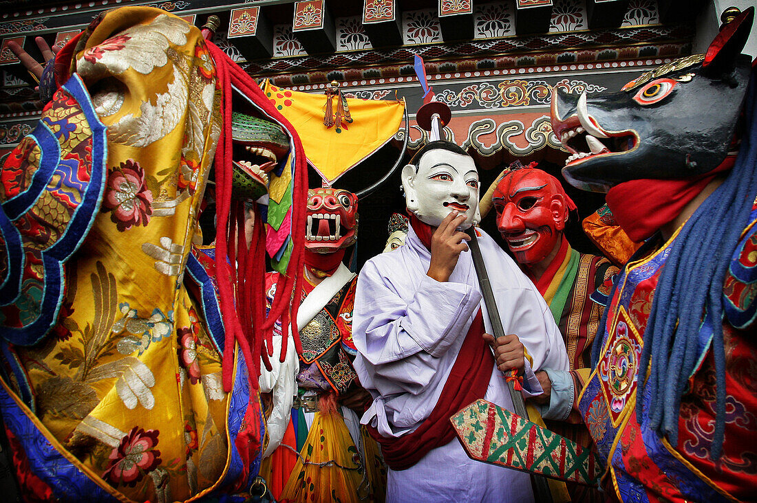 Buddhist actors at Tashi Chhodzong during the Thimpu Festival, Thimpu, Bhutan