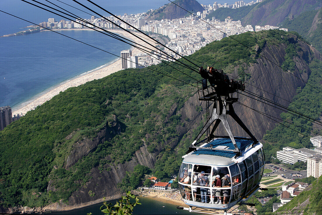 Cable car on the way up Sugarloaf Mountain, View from Sugarloaf Mountain in Rio de Janeiro, Brazil.