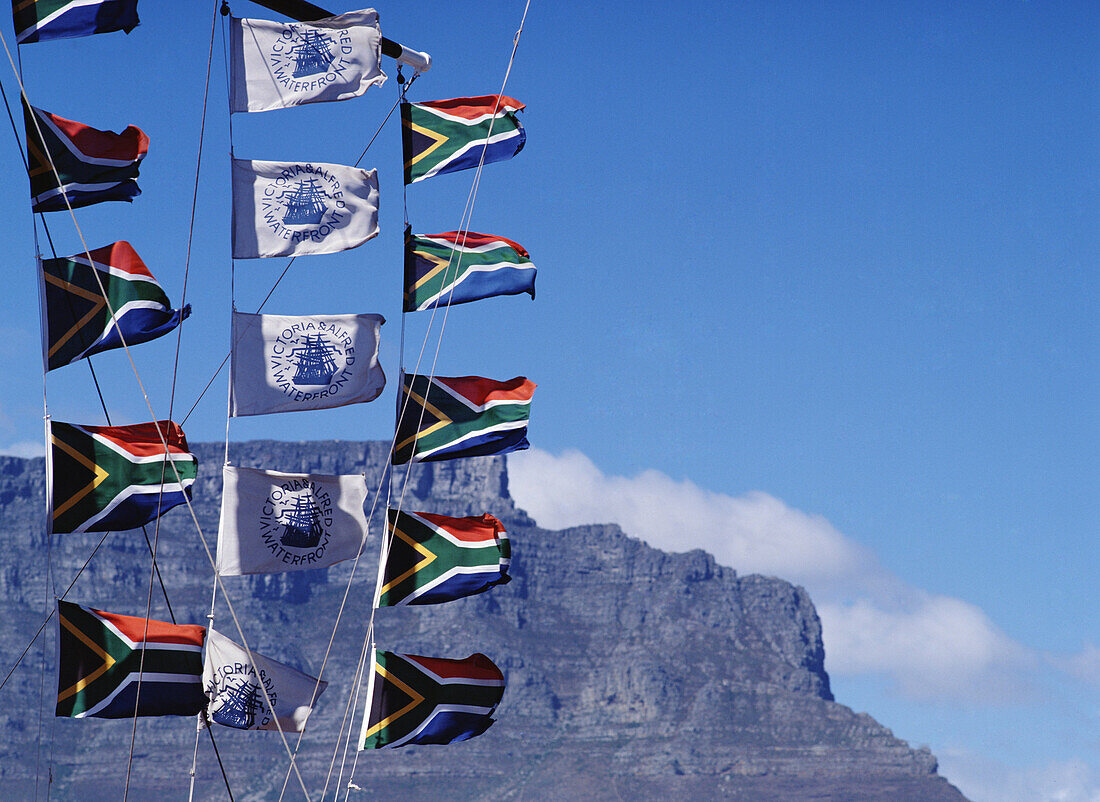 Table Mountain and flags, Cape Town, South Africa.