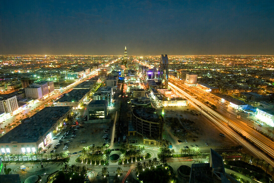 Aerial view of Riyadh at dusk from the Kingdom Centre, Saudi Arabia