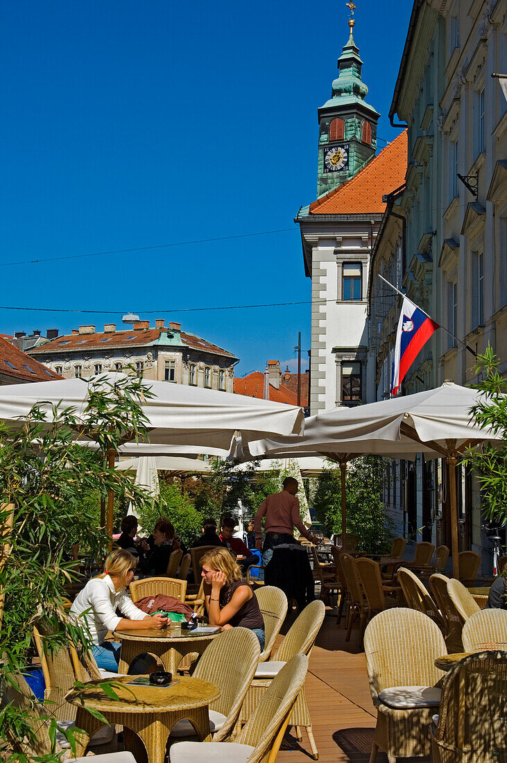 Young people enjoying the outdoor cafe, Ljubljana, Slovenia