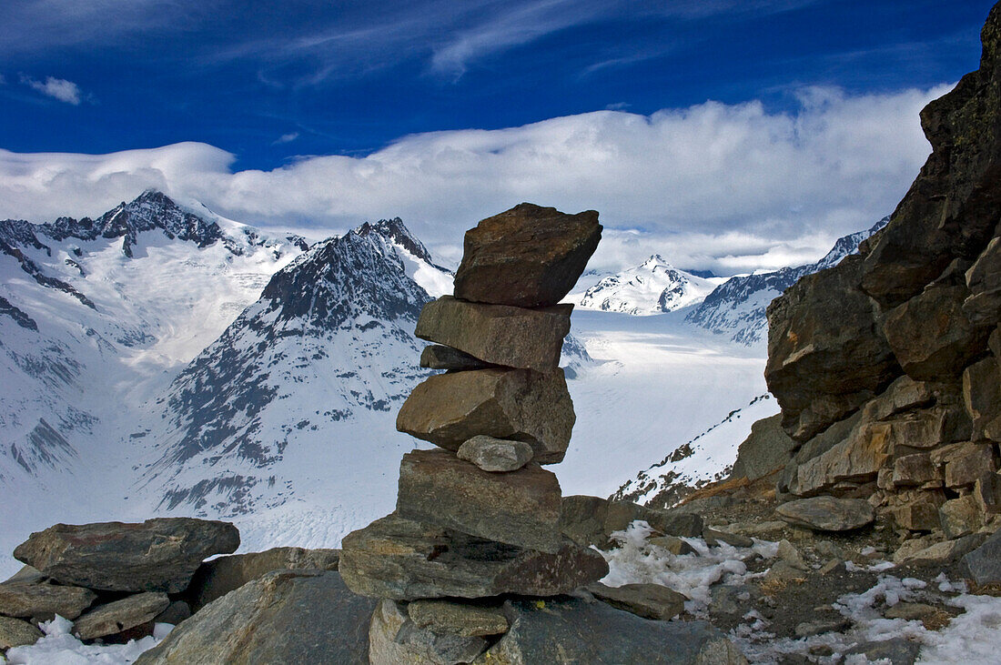 View from Eggishorn onto the large Aletsch glacier, Goms, Valais, Switzerland.