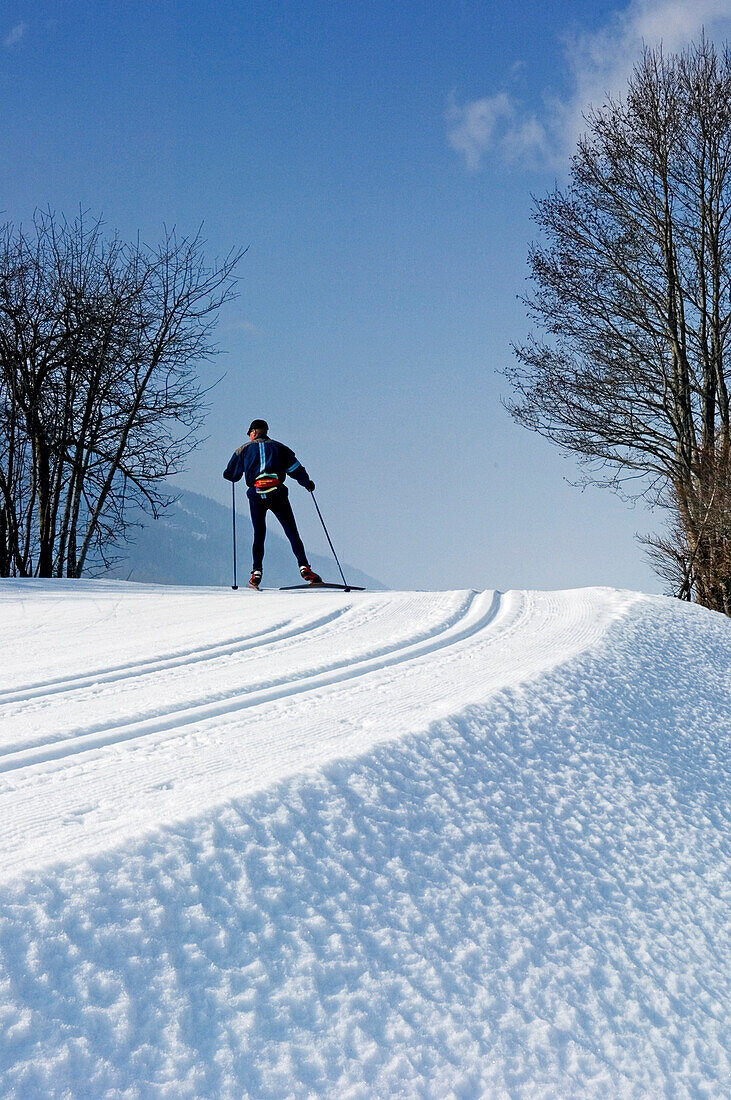 Cross country skiing in Obergesteln, Goms Valley, Switzerland.