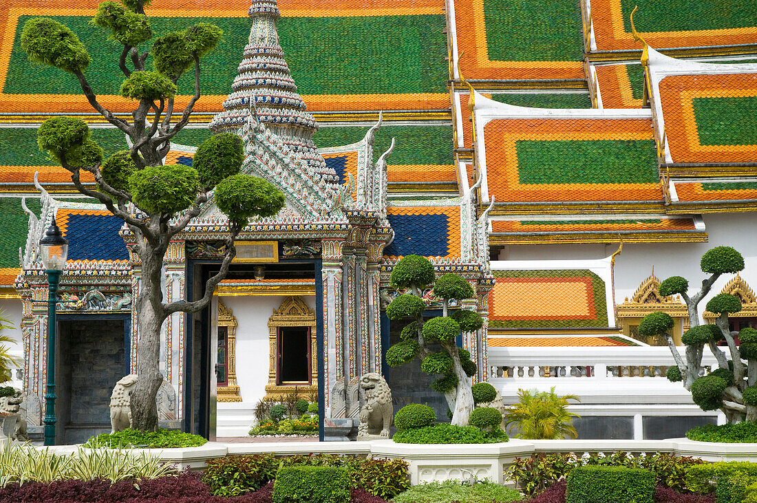 Detail of gardens and temple in Royal Palace complex, Bangkok, Thailand