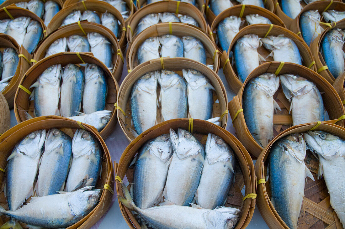 Steamed fish on market stall, Khong Chiam district, Ubon Ratchathani, Isan, Thailand, Asia