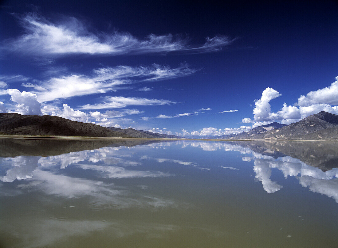 Looking up the Yarlung Tsangpo River on the ferry crossing to Samye Monastery, Tibet.