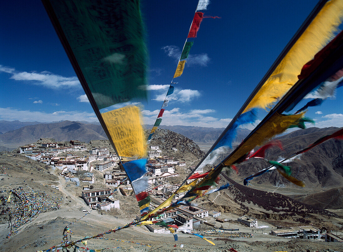 Looking down a line of prayer flags, Tibet