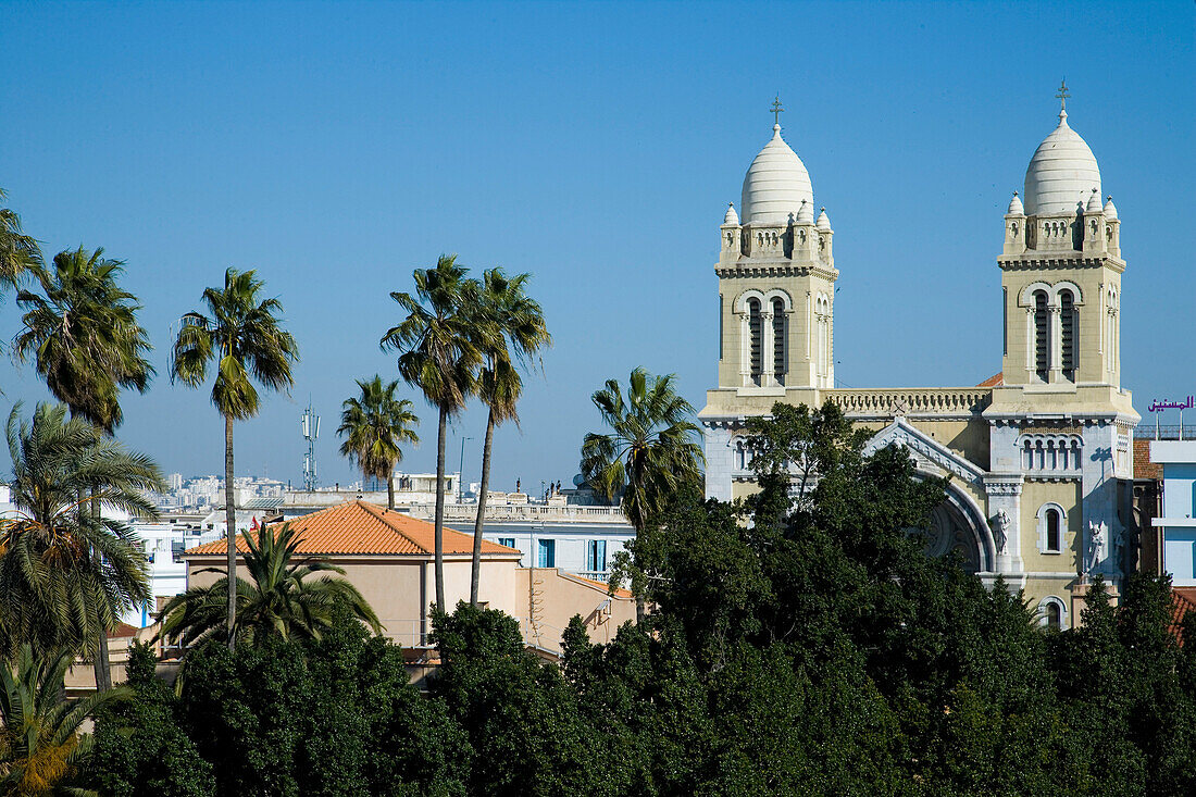 The Cathedral of St Vincent de Paul  and Tunis skyline, Tunis, Tunisia, North Africa