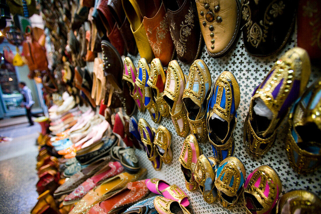 Rows of gold coloured shoes, Medina, Tunis, Tunisia, North Africa