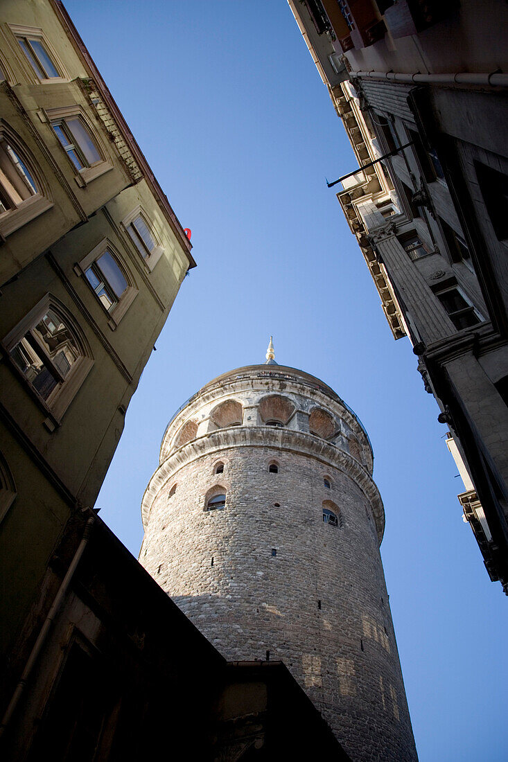 Galata Tower and buildings, low angle view, Istanbul, Turkey