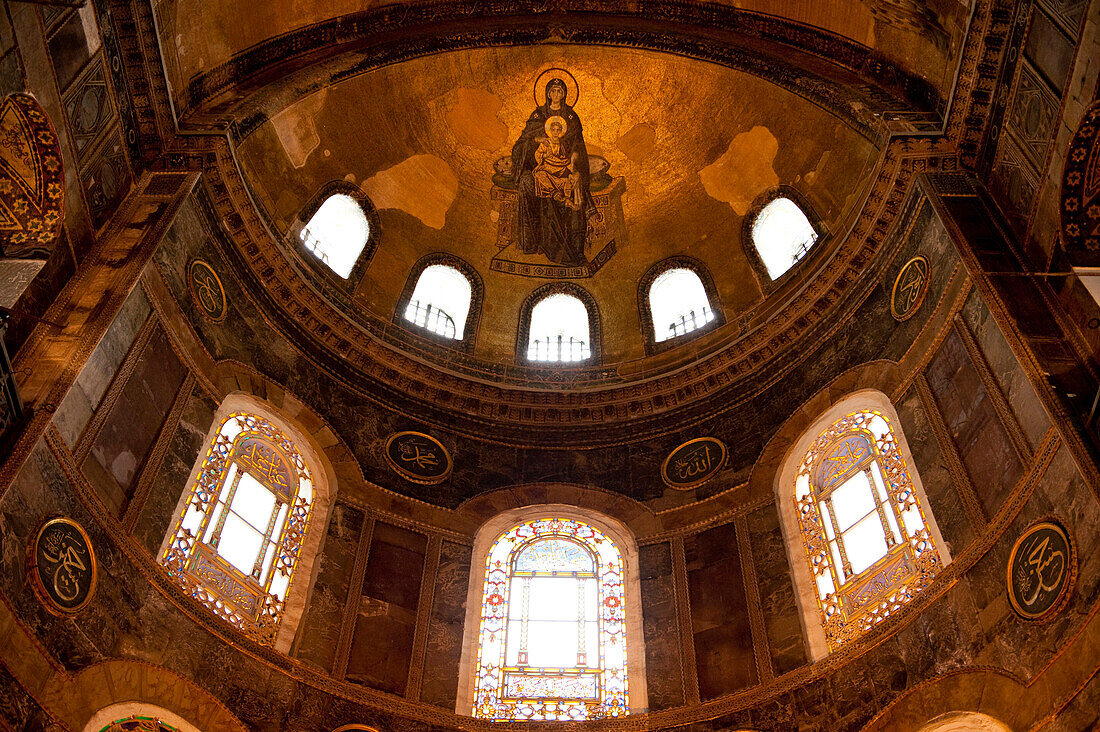 Mosaic of Jesus & Mary on domed roof of the Haghia Sofia, Istanbul, Turkey.