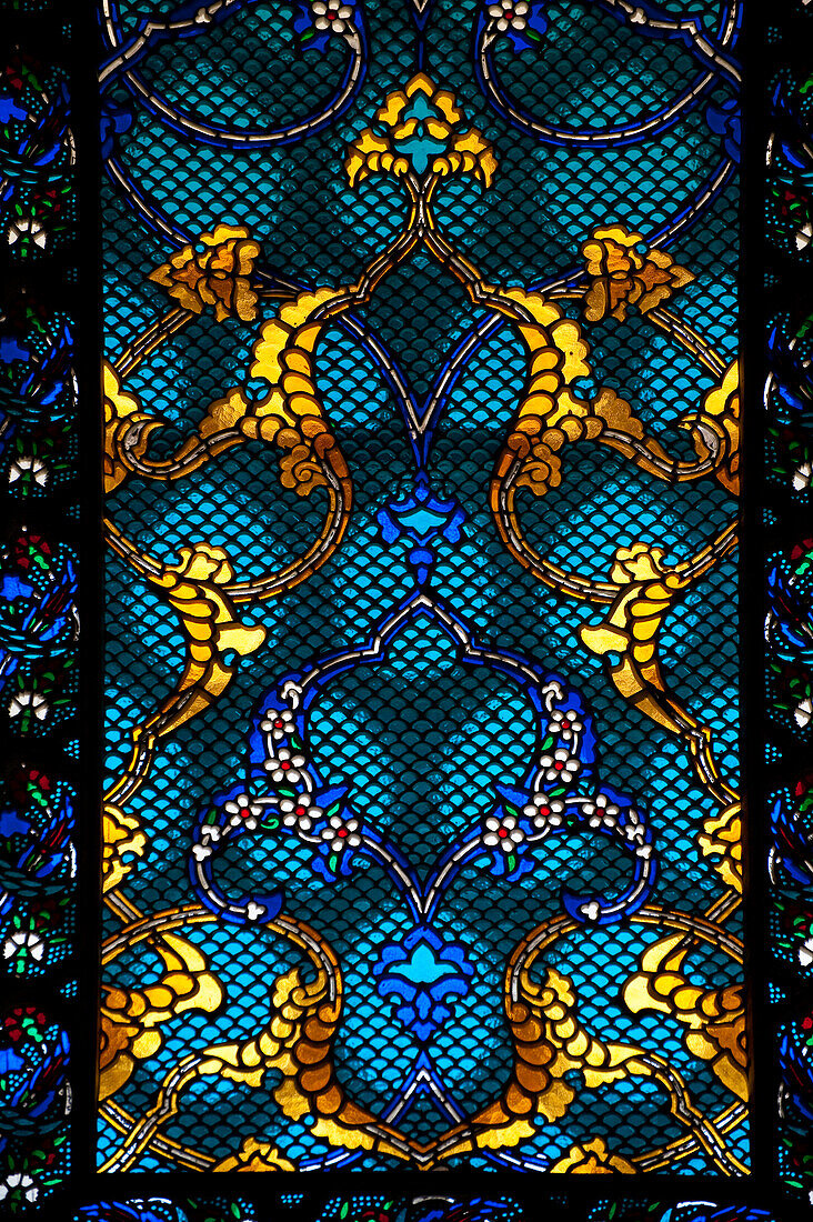 Detail of stanied glass window in room in the Harem of the Topkapi Palace, Istanbul, Turkey.