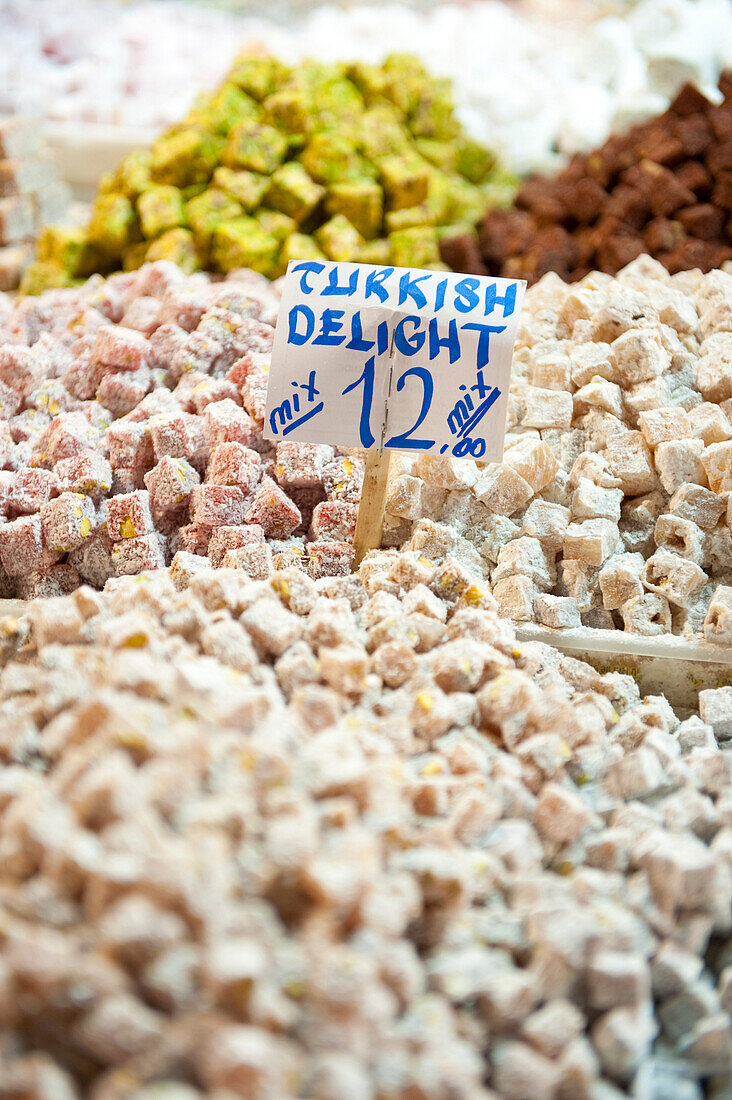 Turkish Delight for sale in the Egyptian Bazaar, Istanbul, Turkey.