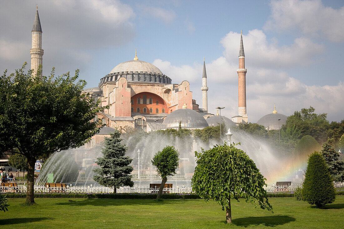 St Sophia Mosque and fountain in park, Istanbul, Turkey
